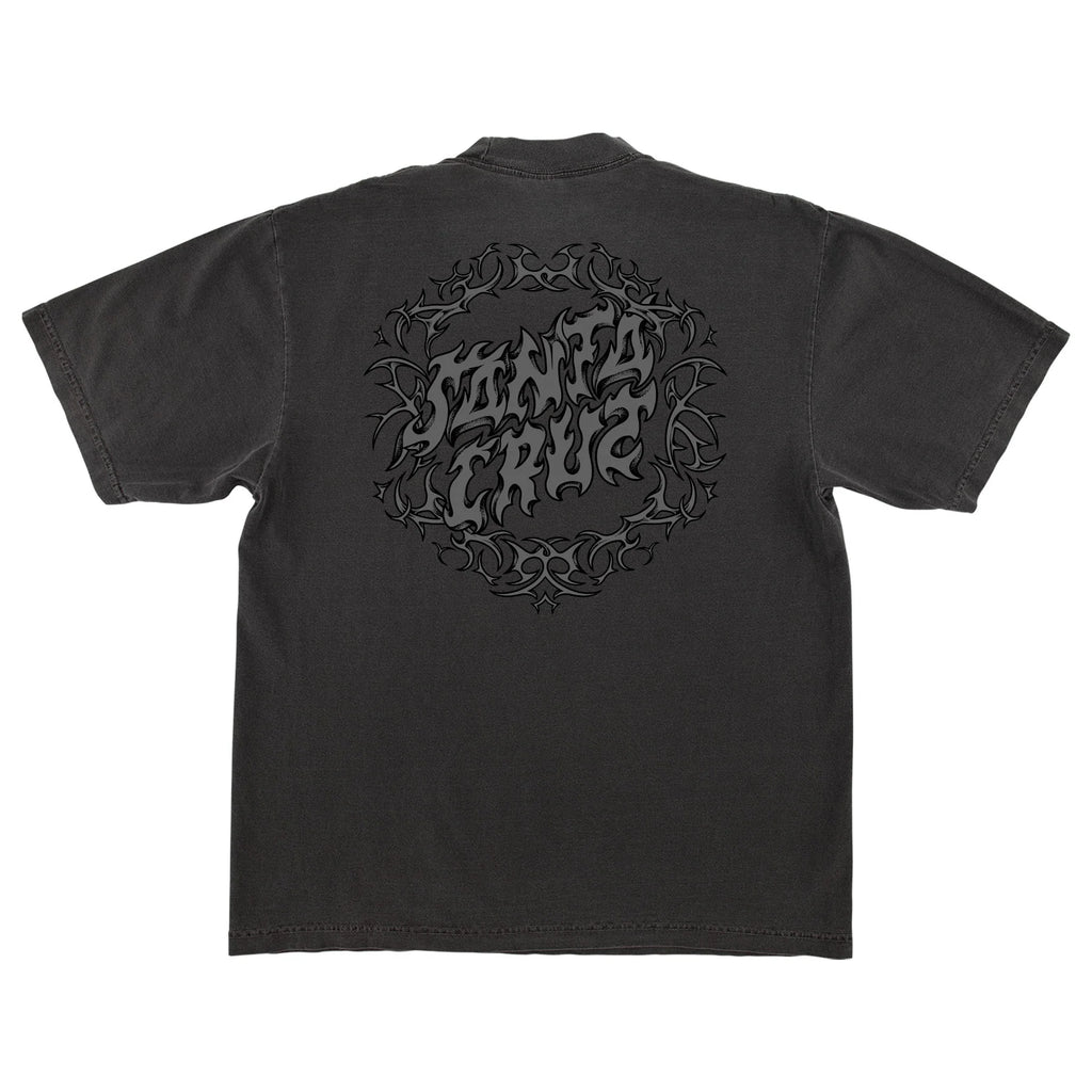 Black t-shirt with intricate design and text on a white background