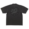 Black t-shirt with intricate design and text on a white background
