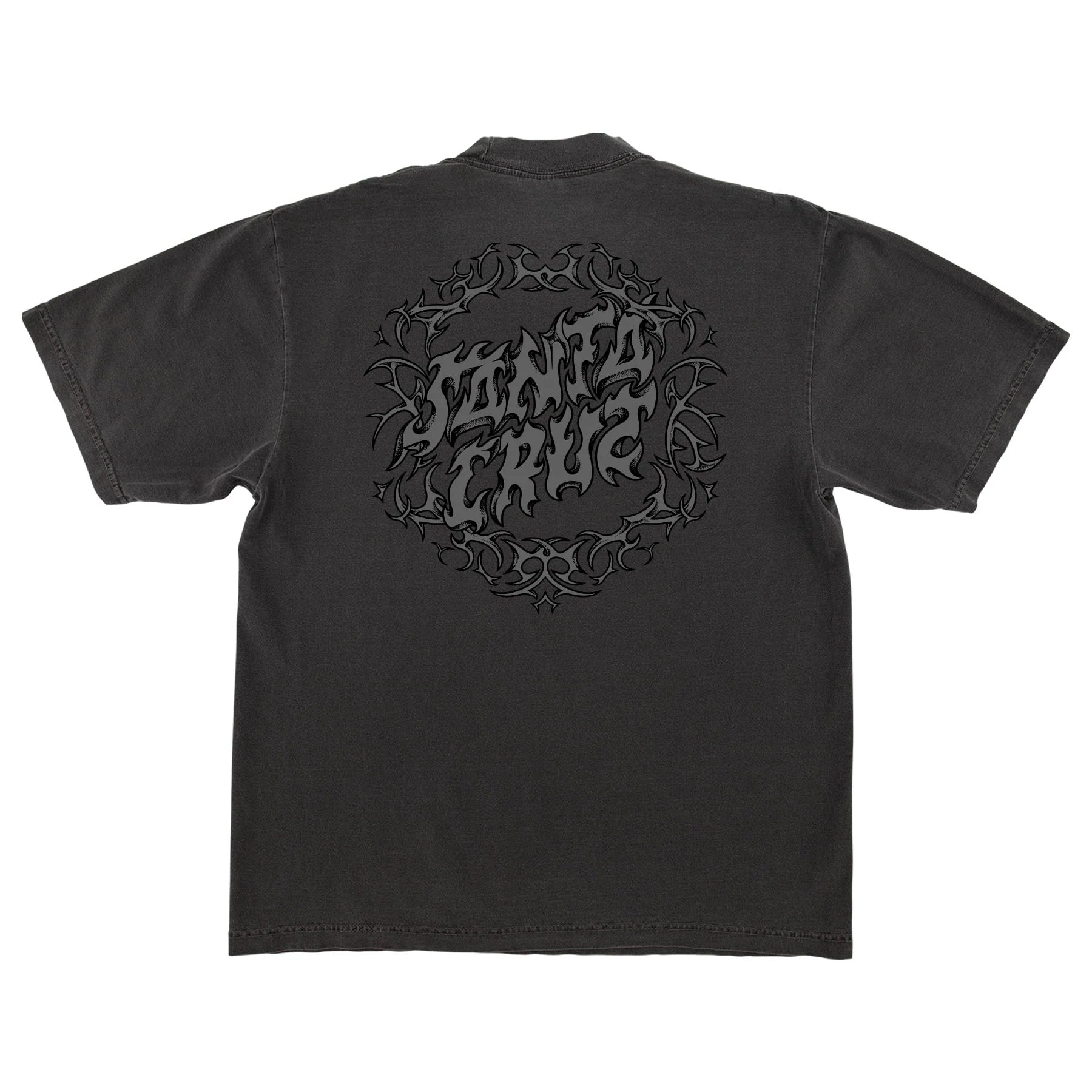 Black t-shirt with intricate design and text on a white background