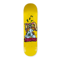 Yellow skateboard deck with cartoon bunny character. Red Pharmacy graffiti style text below.