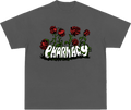 A dark gray short-sleeve t-shirt with a graphic on the chest featuring red roses and the word 'PHARMACY' in a white, distressed font over a black grass-like base.